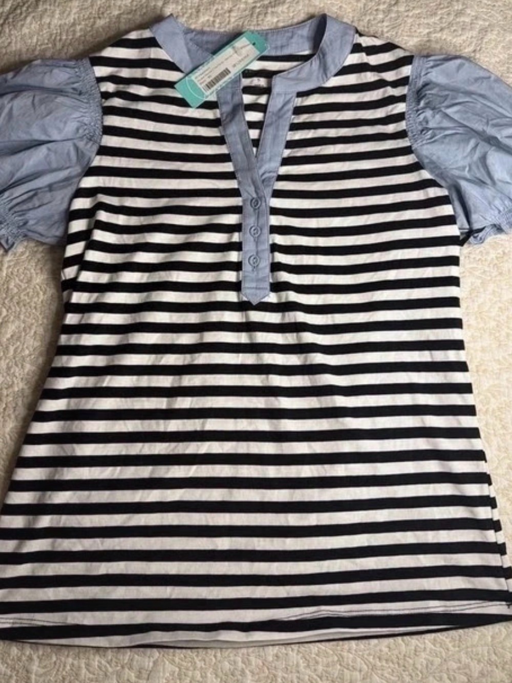 41 Hawthorn Black & White Striped Top with Light Blue Puff Sleeves